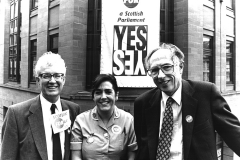 With Donald Dewar and Marie Garrity on a cherry-picker 1997
